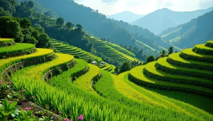 Fotobehang Terraced rice fields with a stone wall for irrigation, Asia, crops © chaiwat