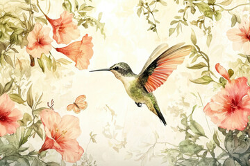 vibrant hummingbird flying among colorful flowers, showcasing nature beauty