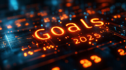 Minimalist open calendar with glowing highlights and labels "Goals 2025", clean background, bright lighting, contrast and smooth lines