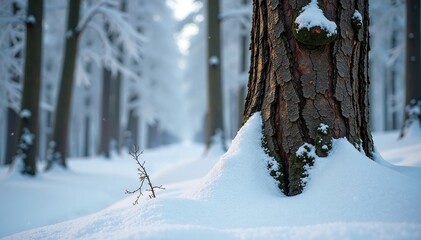 Tree trunk with heavy snowfall and rugged bark in winter landscape with a bare tree on the left, forest, evergreen