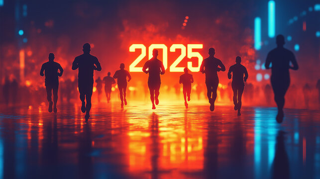 Silhouettes of people running towards floating glowing numbers "2025" in the distance, dark gradient tones, bright lighting, contrast and smooth lines