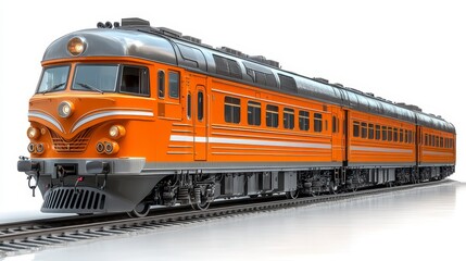 Obraz premium Orange passenger train on tracks, isolated on white.