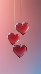 Romantic Red Hearts Hanging on Strings, Glossy Finish with Soft Pastel Gradient Background, Valentine's Day Theme