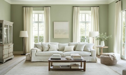 Light living room, neutral tones, comfy sofa, large windows.