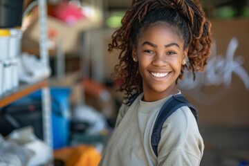 Fototapeta premium Portrait of a young African American female volunteer at community center
