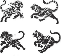 Dynamic Tiger Running Pose Silhouette | Black and White Wildlife Illustration