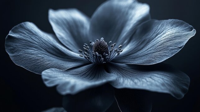 Elegant black flower with intricate petals on a dark background. Generative AI - Powered by Adobe