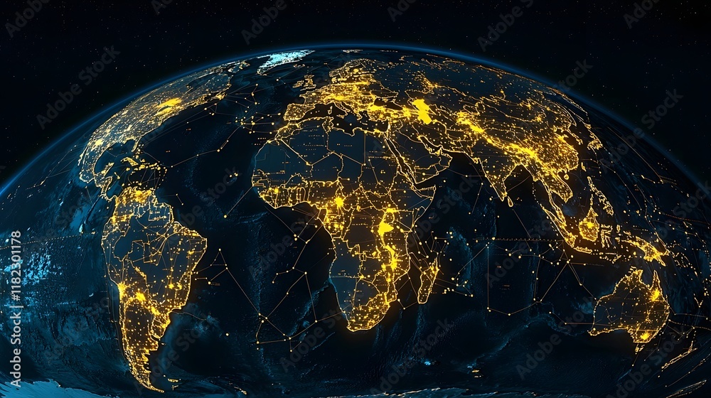 Poster illuminated digital globe with a network of interconnected data points representing global data and 