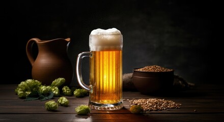 Frothy mug of beer with hops and barley on dark background