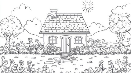 Obraz premium Cottage coloring page, sunny landscape, floral garden, kids activity