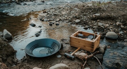 Gold panning kit by river with rocks and sediment