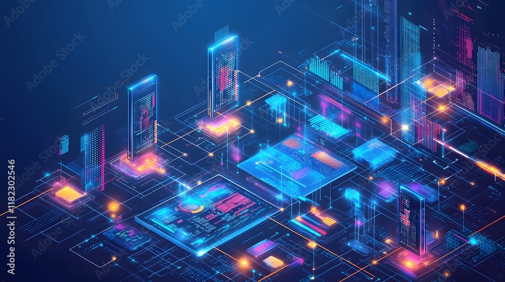 Poster cutting edge technological data analytics in a futuristic cityscape illuminated digital architecture