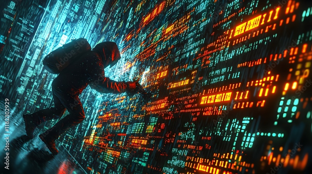 Poster a silhouetted figure breaking into a complex digital system with intertwined data streams and glowin