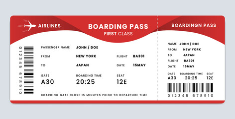 Red and white airplane ticket design. First class airline boarding pass template. Violet boarding pass vector illustration