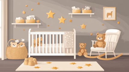Nursery room design, crib, stars, toys, rocking chair, calm background
