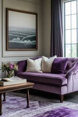 Fototapeta premium Purple sofa, ocean art, flowers, coffee table, rug.