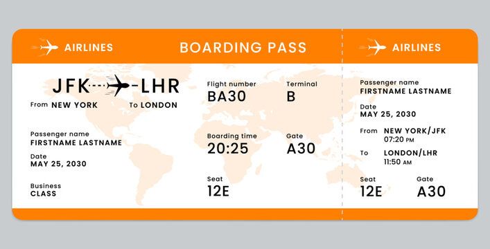 Boarding pass template. Yellow and white boarding pass template. Business class travel boarding pass ticket isolated on white background