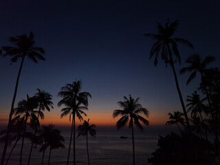 Obraz premium Coconut tree silhouette on paradise sunset, twilight on the beach. Amazing sunset form beach. Sunset Sky, Cloud over Sea Beach in Evening on Spring, Landscape by Seaside with Colourful Sky.