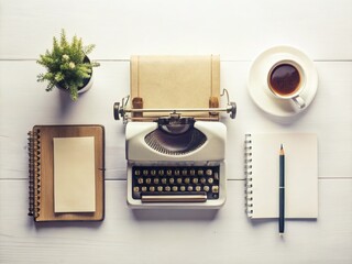 Vintage Flat Lay: Office Supplies & Business Concepts on White Desk