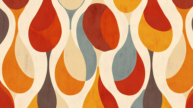 Fototapeta A retro wallpaper design featuring a pattern of overlapping ovals and teardrop shapes in a mix of warm and cool tones. Stardrop. Illustration
