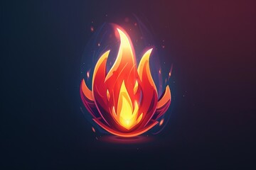 Glowing fire flame icon with blue background. Abstract digital illustration of stylized flame with gradient colors.