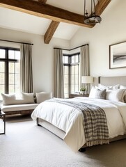 Obraz premium Luxurious modern bedroom, warm beige tones, large window, natural light, minimalist decor, wooden ceiling beams, textured white brick wall, king-size bed, neutral bedding, abstract wall art, cozy atmo
