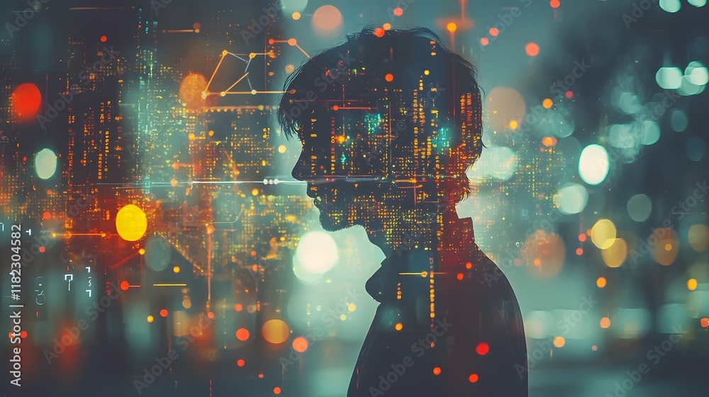Poster a digital hacker silhouette overlaid with data points graphs and code against a backdrop of a futuri