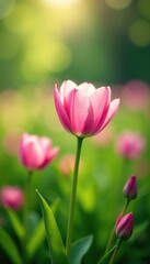 Fototapeta premium Delicate petals unfolding in a lush green field, spring bloom, panorama