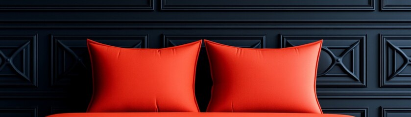 Crimson Comfort: Two vibrant red pillows rest against a dark, paneled wall, creating a striking contrast of color and texture.