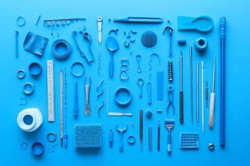Blue tools and objects arranged on blue background.
