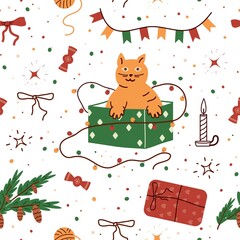 seamless handmade drawing of a cheerful cat, with decorations in a box. a gift box with toys, stars,  a branch. cartoon-style children's. for print,  card, banner, paper. cute,  flat  art illustration