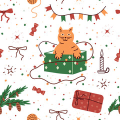 Happy winter background. seamless pattern with a cat as a gift. star, branch, dot, gift wrapping: cartoon cute style. for print, paper, covers, sales, vector art illustration.