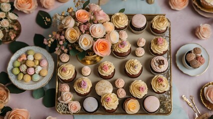 Pastel-colored frosting and gold accents on the desserts, creating a refined and luxurious look