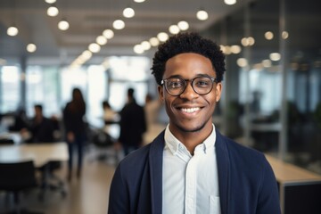 Fototapeta premium Smiling portrait of a young African American businessman in modern office