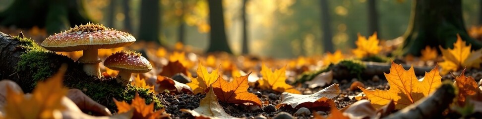 Forest floor carpeted with golden autumn leaves, mushrooms, fungi, wildlife