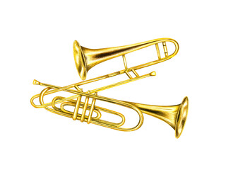 Obraz premium Watercolor intertwined musical classical brass trumpet and trombone illustration. Hand painted jazz metallic golden instrument composition for your design. Side view. For educate greeting cards