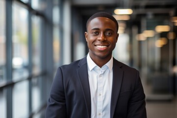 Fototapeta premium Smiling portrait of a young African American businessman in modern office