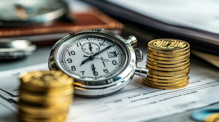 Fototapeta premium Stopwatch and gold coins on business documents