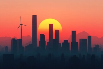 Fototapeta premium futuristic city skyline at sunset with wind turbine and mountains