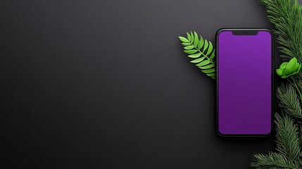 Smartphone mockup with purple screen on dark background, accented by lush green leaves. Flat lay.