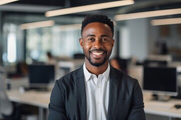 Fototapeta premium Smiling portrait of a young African American businessman in modern office