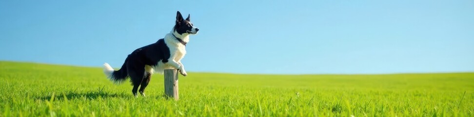 Border Collie perched on wooden fence post in green field with blue sky above, fence, outdoor, border collie