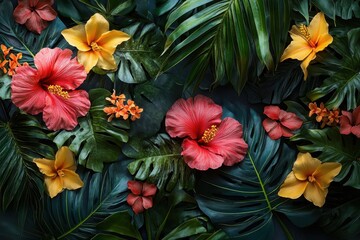 Obraz premium Colorful tropical flowers and lush green leaves create a vibrant natural composition in a close view