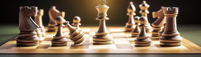 Fototapeta premium A close-up view of a wooden chessboard with pieces in play, emphasizing strategy and competition.