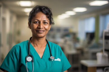 Portrait of a smiling middle aged Indian nurse in hospital