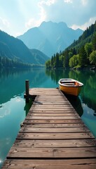 Obraz premium Lake dock with a turned boat in the background, docks, ranch