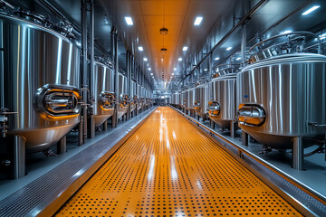 Fototapeta premium A modern beer production factory showcasing the brewing process, with large stainless steel tanks, automated systems, and a clean industrial environment, representing precision and quality in brewing.
