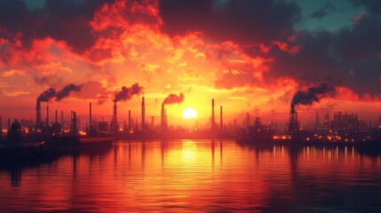 Industrial Landscape with Oil Refineries at Sunset. Generative AI