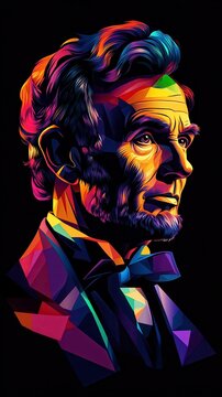 Vibrant Multi-Colored Portrait Capturing the Essence of Abraham Lincoln Against a Dark Background. Generative AI