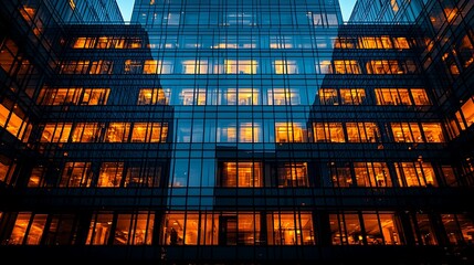 Illuminated Modern Office Building at Night